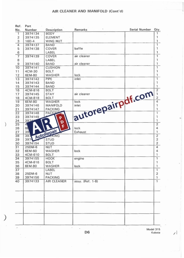 Bobcat Loader 315 Kubota Parts Manual 6566952-5